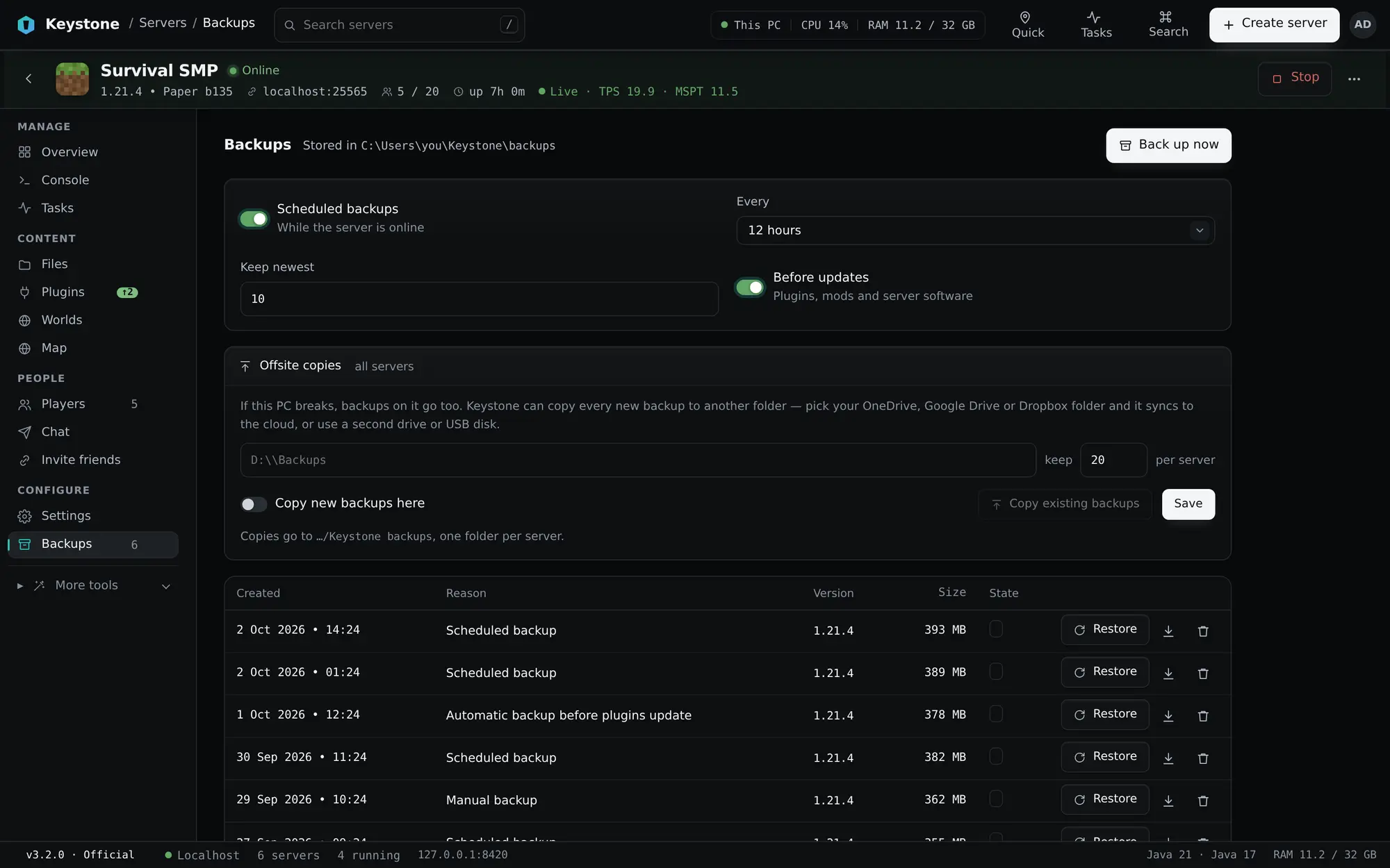The Backups page: schedule settings, offsite copies, and a list of recent backups with restore buttons