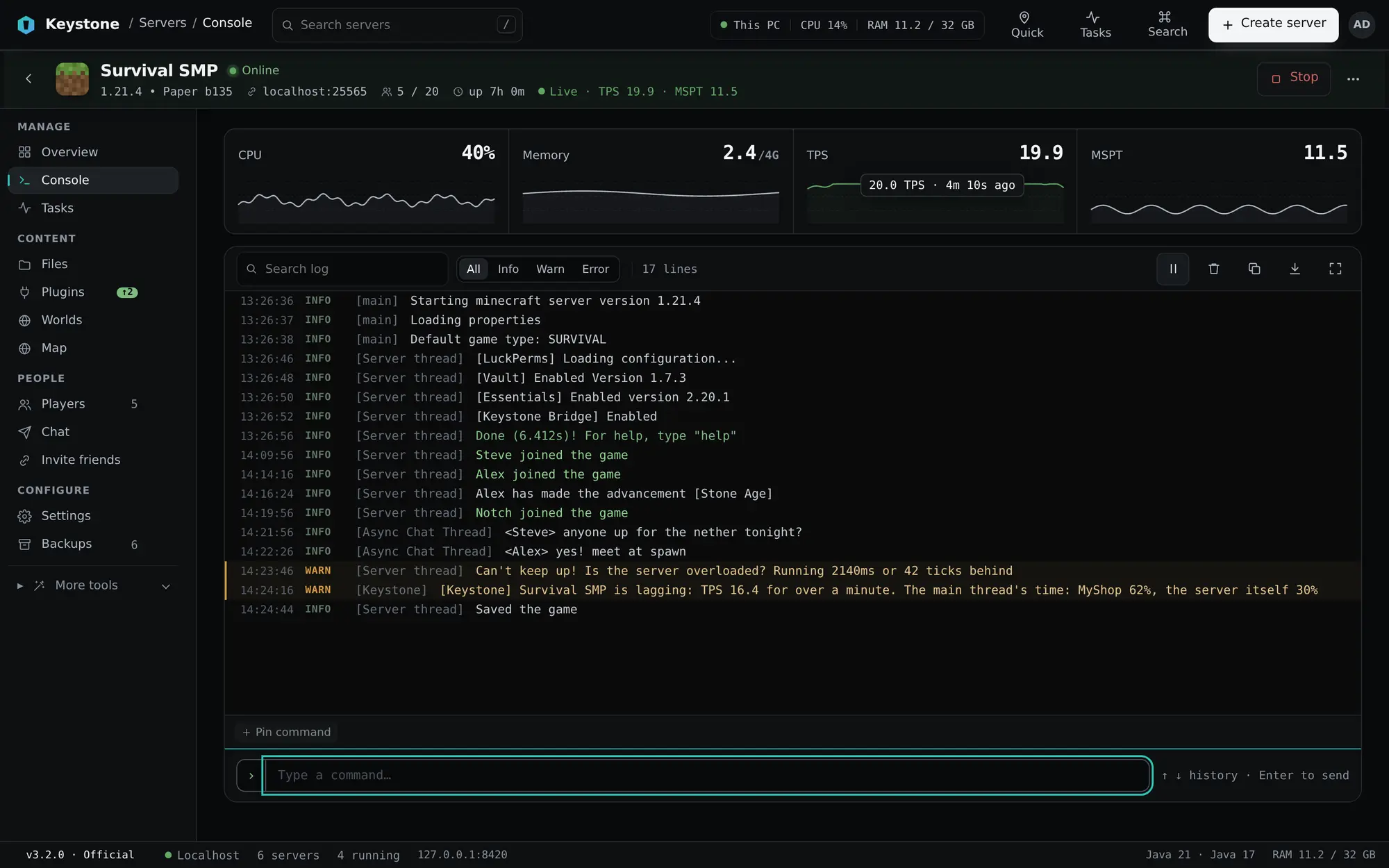 The Survival SMP console: live stats strip with TPS and MSPT graphs, colour-coded log lines, and a lag warning naming a plugin