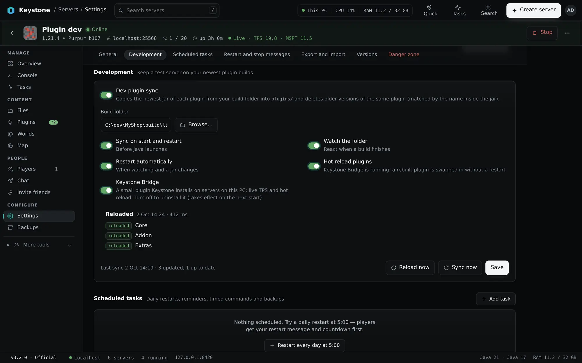 Development settings for the Plugin dev server: dev plugin sync, hot reload toggle, and the latest reload showing Core, Addon and Extras reloaded