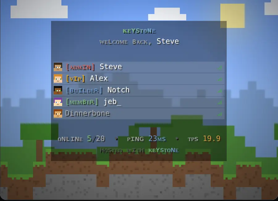 Keystone's Tab list tool with a live Minecraft preview of the header, footer and players